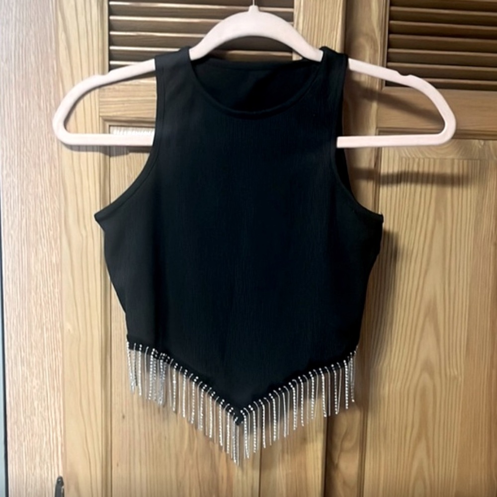 Black Sparkle Bling Fringe Crop Top